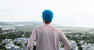 Buy stock photo Perspective, outdoor or man view sunrise for inspiration, morning reflection or holiday thinking with space. Town observation, solitude or person with insight from vacation, vision or ideas from back