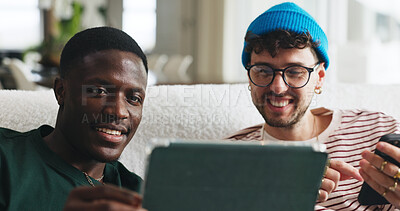 Buy stock photo Relax, sharing and tablet with friends on sofa in living room of home together for social media. App, break and showing with roommate people in apartment for browsing, internet search or streaming