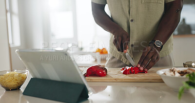 Buy stock photo Hands, tablet or person meal prep with vegetables in home for healthy lunch, online recipe or cooking. Tech, chef and cut ingredients in kitchen for salad tutorial, website steps and culinary skills