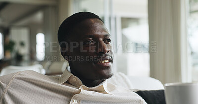 Buy stock photo Morning, reflection and black man on sofa with coffee, calm and thinking on weekend break. Relax, thoughts and male person in house with warm beverage, mindfulness and gratitude in Sunday routine.