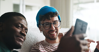 Buy stock photo Phone, relax and sharing with friends on sofa in living room of home together for social media. App, break and smile with roommate people in apartment for browsing, internet search or streaming