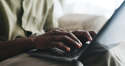 Buy stock photo Laptop, remote work and typing with hands of man on sofa in living room of home for small business. Computer, planning and report with freelance employee in apartment for startup research online