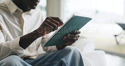 Buy stock photo Freelancer, tablet and hands with black man on sofa for editor feedback, blog writer and research. Online review, report and remote worker or person in living room of home for newsletter schedule