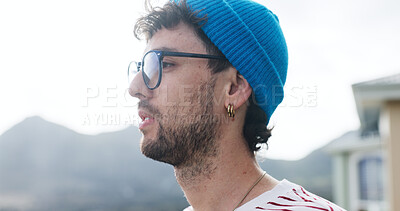 Buy stock photo Think, view or man outdoor for inspiration, morning reflection or holiday perspective in sightseeing. Calm observation, weekend travel or person with glasses for insight, vacation or ideas with space