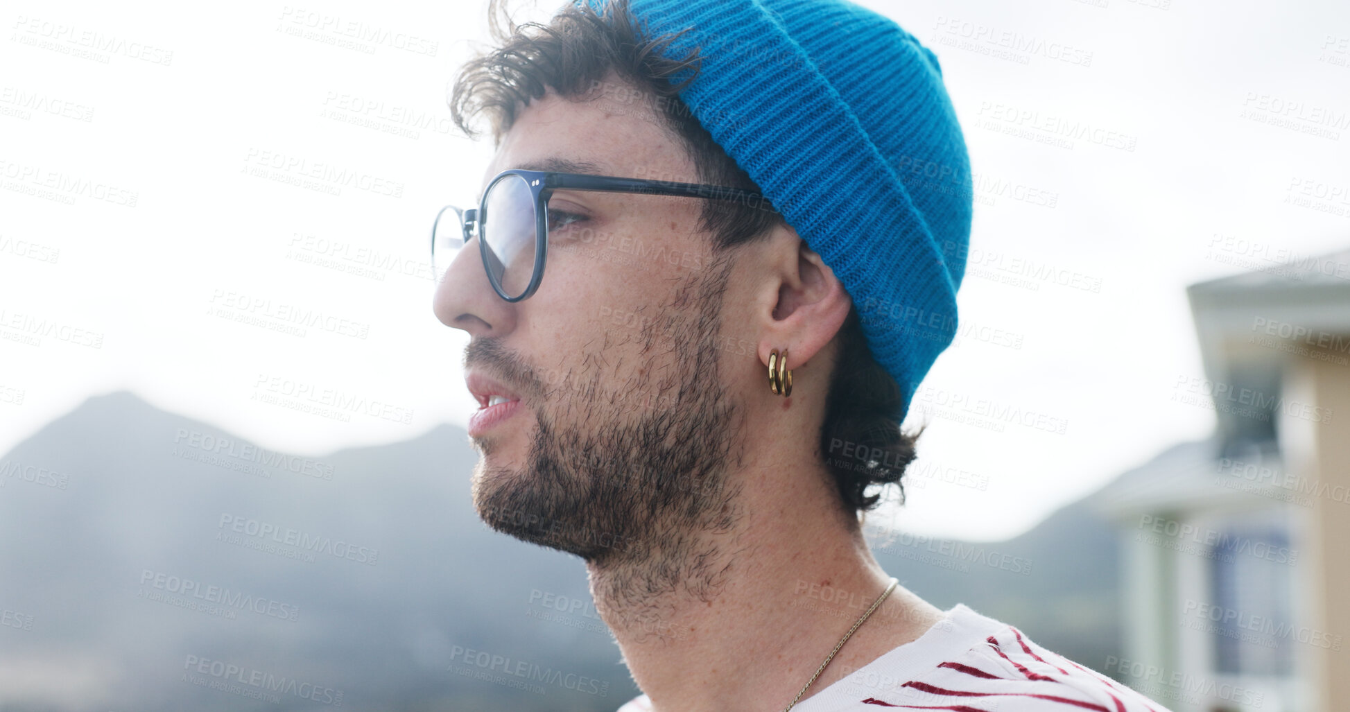 Buy stock photo Think, view or man outdoor for inspiration, morning reflection or holiday perspective in sightseeing. Calm observation, weekend travel or person with glasses for insight, vacation or ideas with space