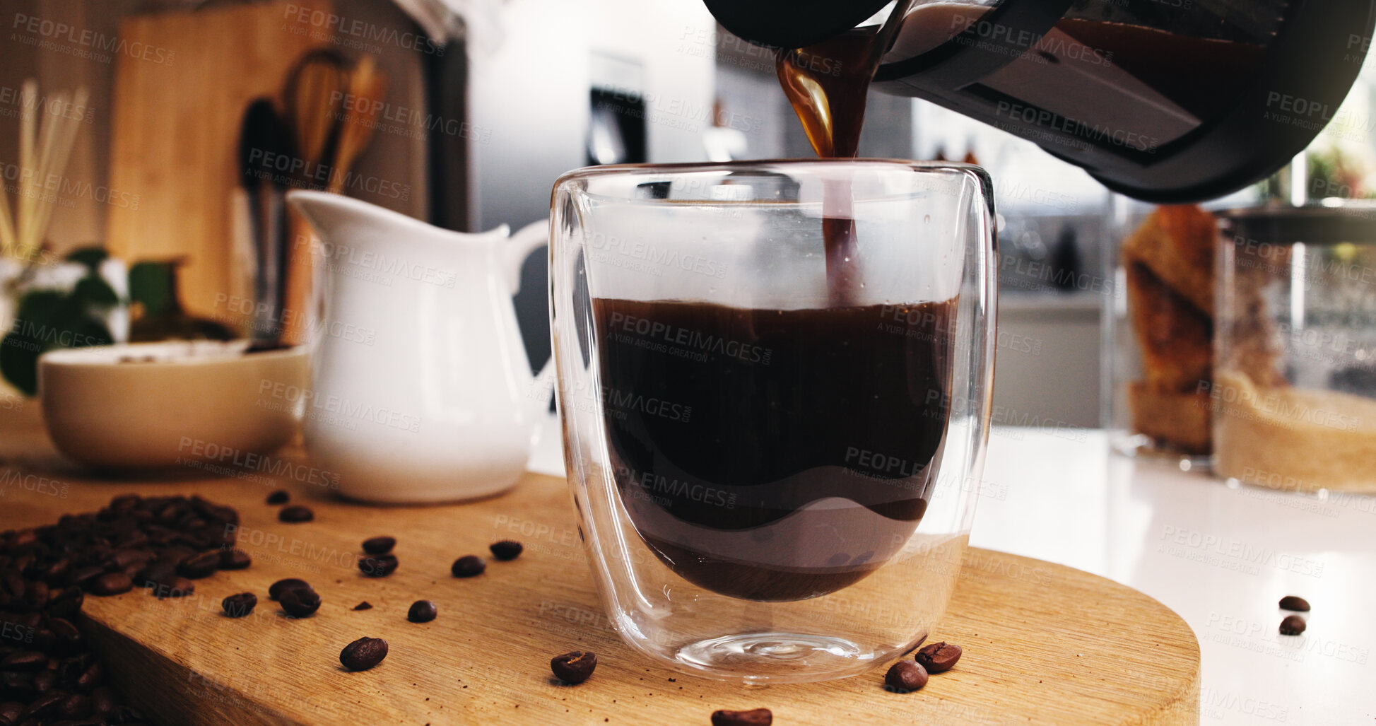 Buy stock photo Coffee, glass and pour in kitchen for strong caffeine, drink or roast in home. Organic brew, beans and blend with french press for mocha, espresso or breakfast beverage in house for preparation