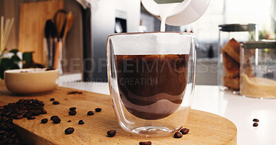 Buy stock photo Coffee, glass and milk in kitchen for strong caffeine, pour or roast in home. Organic brew, drink and beans with cappuccino for mocha, espresso or breakfast beverage in house for morning preparation