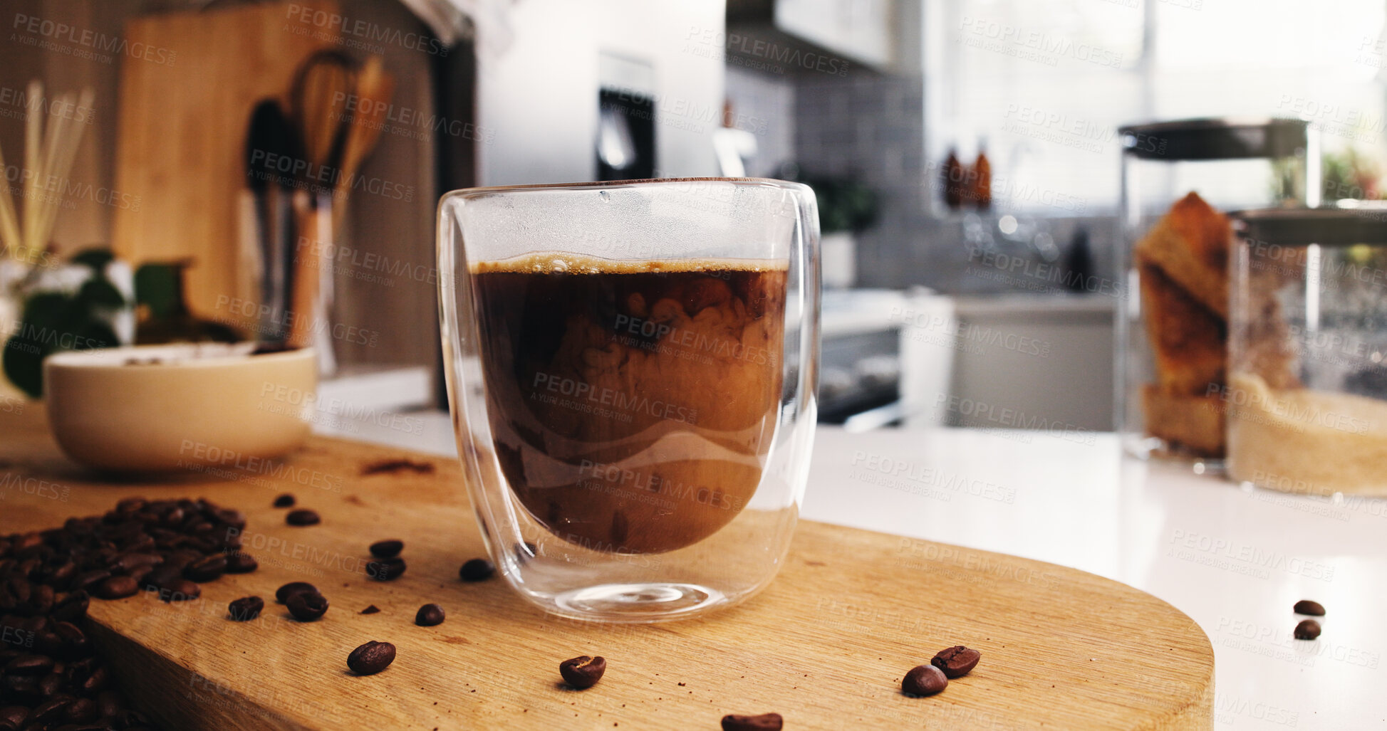Buy stock photo Coffee, glass and drink in kitchen for strong caffeine, wellness or roast in home. Organic brew, beans and blend with cappuccino for mocha, espresso or beverage in house for morning preparation