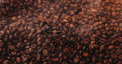 Buy stock photo Coffee production, roast and beans for caffeine, espresso beverage and blend for cappuccino. Background, cafeteria and closeup of granules for latte, mocha brew and organic grain for hospitality