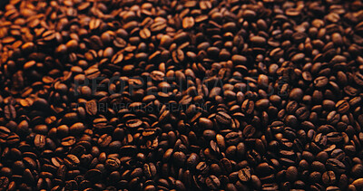 Buy stock photo Coffee production, roast and beans for espresso, caffeine beverage and blend for cappuccino. Background, cafeteria and closeup of granules for latte, mocha brew and organic grain for hospitality