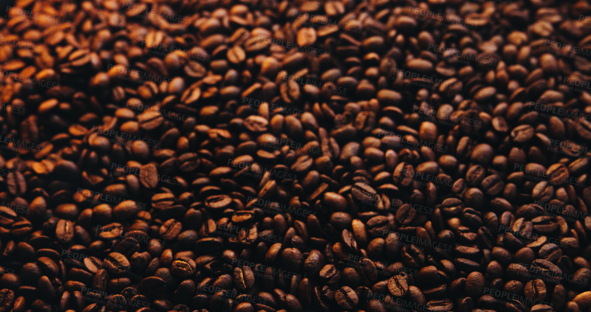 Buy stock photo Coffee production, roast and beans for espresso, caffeine beverage and blend for cappuccino. Background, cafeteria and closeup of granules for latte, mocha brew and organic grain for hospitality