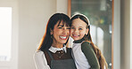 Portrait, mother and smile with child at house for love, trust and bonding together with support. Happy, woman and laugh with kid for affection, playful family and relationship connection in lounge