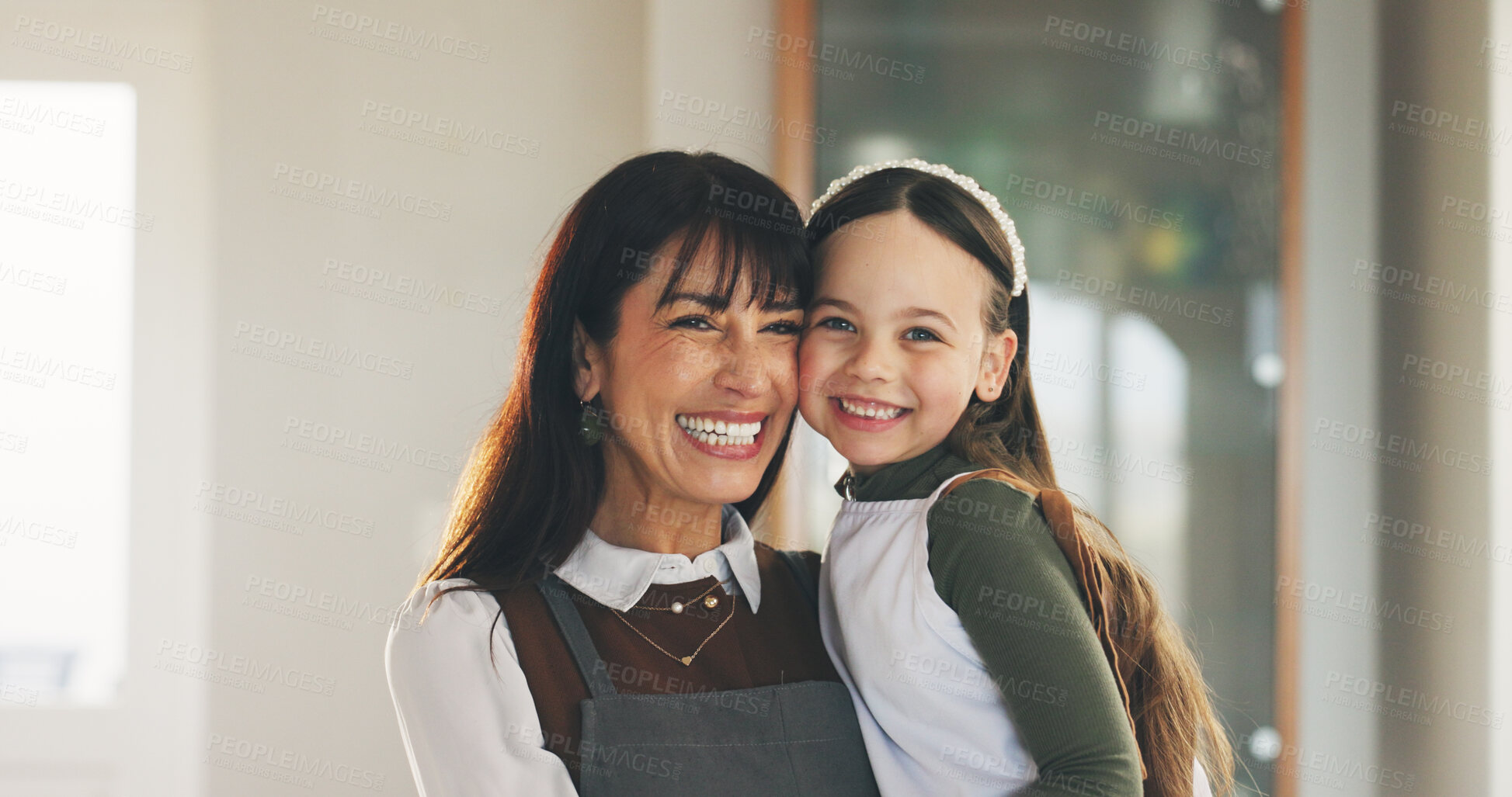 Buy stock photo Portrait, mother and smile with child at house for love, trust and bonding together with support. Happy, woman and laugh with kid for affection, playful family and relationship connection in lounge