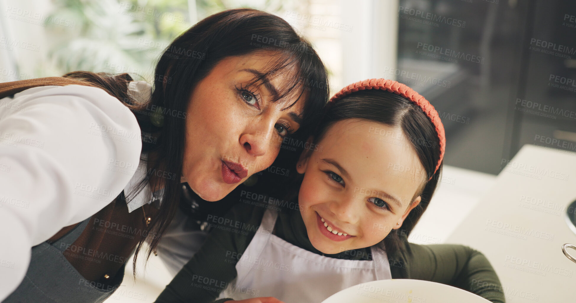 Buy stock photo Portrait, selfie and smile of mother with daughter in living room of home for bonding or memories. Love, photograph and pout of single parent woman and girl child in apartment for social media post