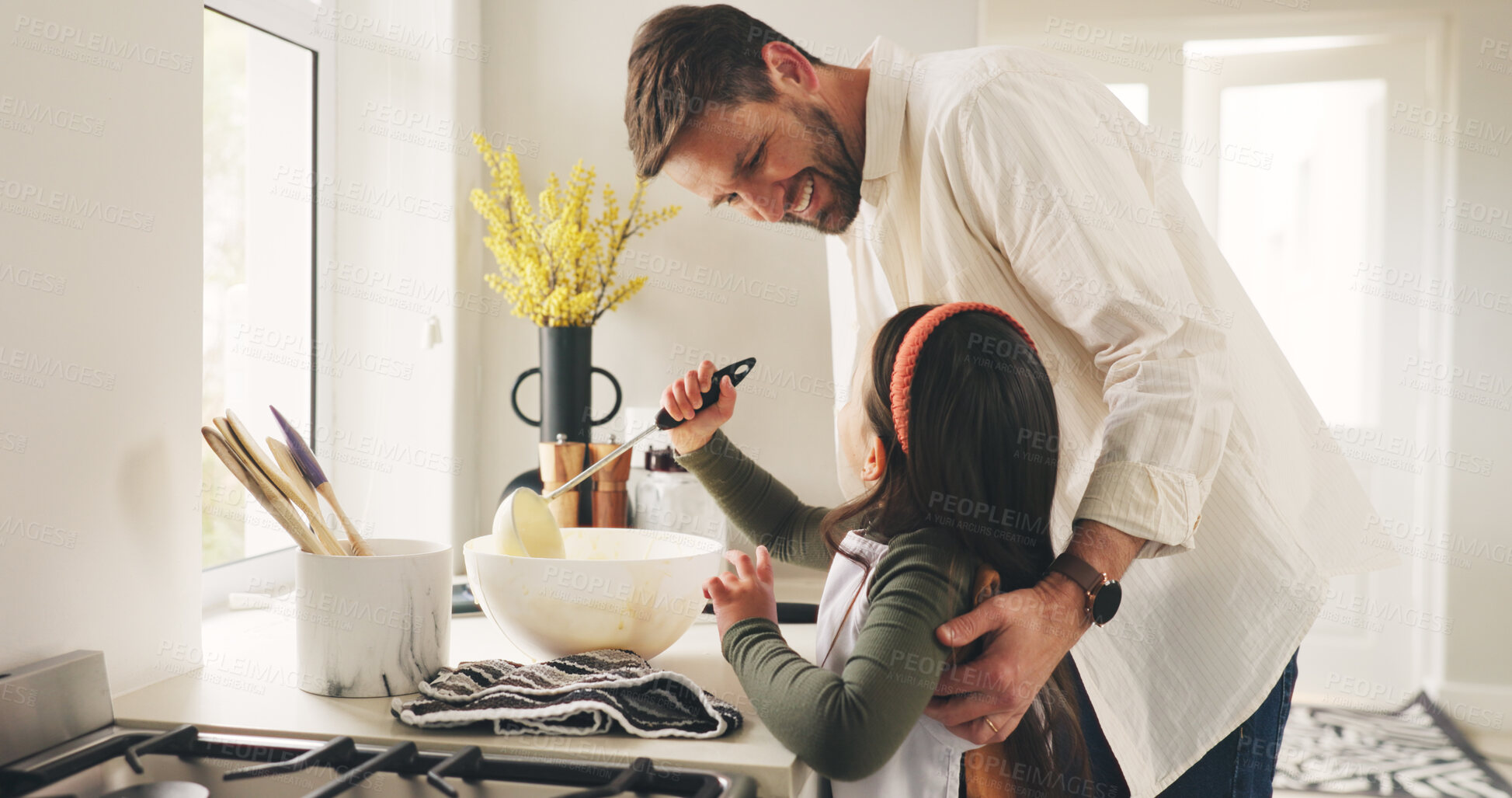 Buy stock photo Bake, father and girl in kitchen, help and bonding together with happiness, learning and ingredients. Family, smile or parent with dad, daughter and cooking with recipe, home or support with utensils