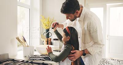 Buy stock photo Baking, ladle or learning with father and daughter in kitchen of home for bonding or development. Bowl, cooking or teaching with girl child and single parent man in apartment for recipe instructions