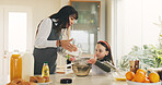 Baking, mother and kid in kitchen for meal prep, sifting flour or helping with breakfast in family home. Mixing bowl, guide and woman with girl for teaching skills, development or learning in bonding