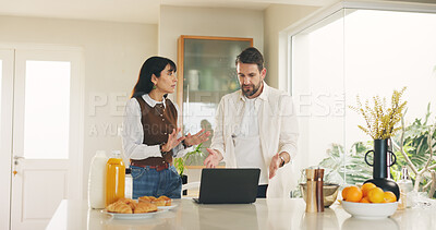 Buy stock photo Upset, couple or argue in kitchen with laptop for household bills, financial crisis or responsibility. Married, people and stress in home with computer for mortgage debt, overdue payment and problem.