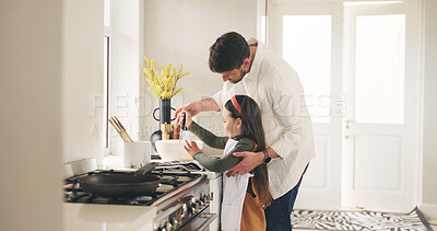 Buy stock photo Baking, ladle or teaching with father and daughter in kitchen of home for bonding or development. Bowl, cooking or learning with girl child and single parent man in apartment for recipe instructions