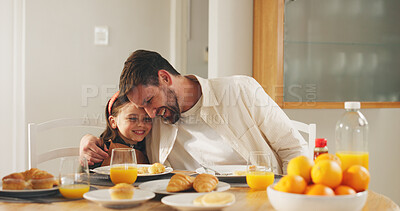 Buy stock photo Happy dad, child and hug with breakfast in home for love, care or bonding together on dining table. Father, kid or daughter with orange juice or croissant for embrace, morning meal or snack in house