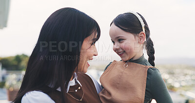 Buy stock photo Happy, mother and child with love outdoor for travel, getaway holiday and bonding together. Smile, woman and laugh with kid for urban trip, family time and relationship connection on vacation in city