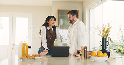 Buy stock photo Woman, smile or couple in kitchen with laptop for online shopping, Black Friday sale or order. Guilty, wife or married people in home with computer, ecommerce or purchase expensive cooking appliance.