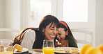 Happy mom, child and laughing with breakfast in home for funny joke, comedy or humor together. Mother, kid or daughter with smile, orange juice or croissant for morning meal or bonding in house