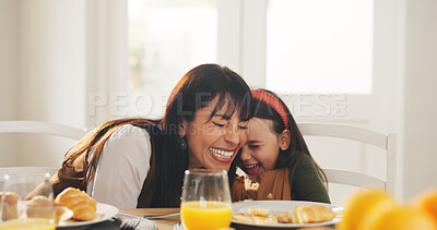 Buy stock photo Happy mom, child and laughing with breakfast in home for funny joke, comedy or humor together. Mother, kid or daughter with smile, orange juice or croissant for playful morning or meal in house