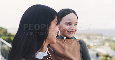 Buy stock photo Smile, mother and child with love outdoor for travel, sightseeing and bonding together on holiday. Happy, woman and laugh with kid for urban view, family trip and relationship connection on vacation