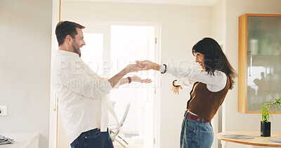 Buy stock photo Happy couple, dancing or home with music for vibe, weekend or fun romantic holiday together. Man, woman or dancer with smile, love or bonding for radio, audio podcast or social entertainment in house