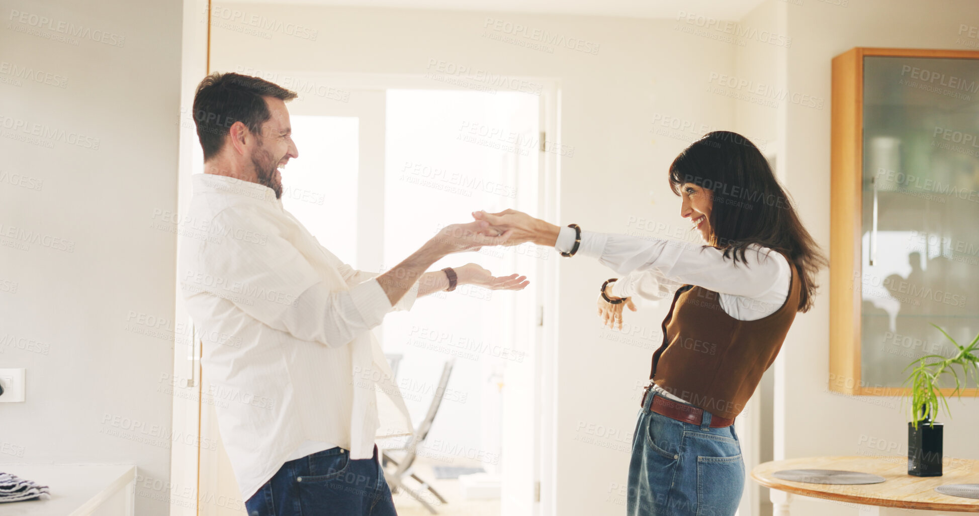 Buy stock photo Happy couple, dancing or home with music for vibe, weekend or fun romantic holiday together. Man, woman or dancer with smile, love or bonding for radio, audio podcast or social entertainment in house