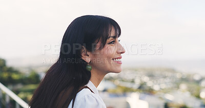 Buy stock photo Thinking, balcony and businesswoman at office with ideas for career development or growth in city. Happy, brainstorming and female person on rooftop in urban town for planning creative project.