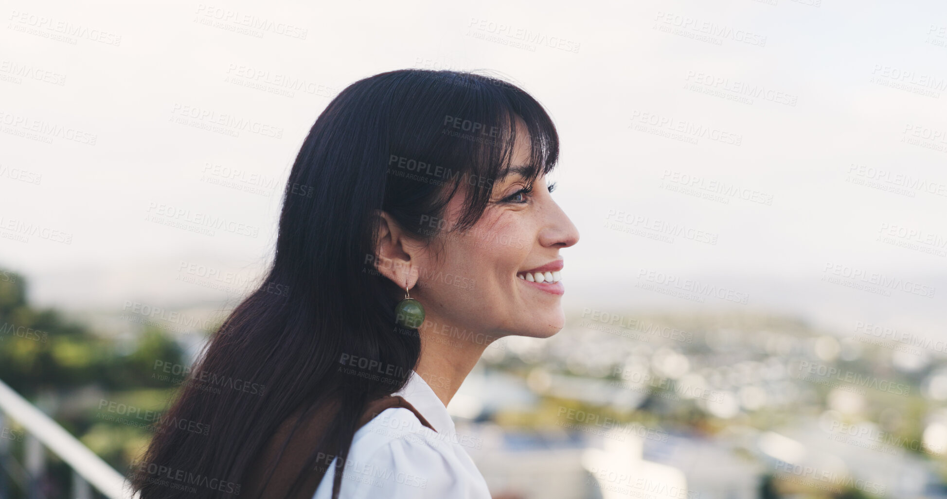 Buy stock photo Thinking, balcony and businesswoman at office with ideas for career development or growth in city. Happy, brainstorming and female person on rooftop in urban town for planning creative project.