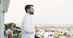 Man, thinking and balcony with coffee for morning start, fresh air or view in neighborhood. Thoughtful, male person or drinking with cup, mug or caffeine beverage on terrace for vision on space