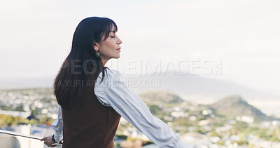 Buy stock photo Reflection, breathe or woman on balcony with view, thinking or fresh air in scenic environment. Calm, mindfulness or mature person on deck with inhale, nostalgia or daydream with outdoor solitude.