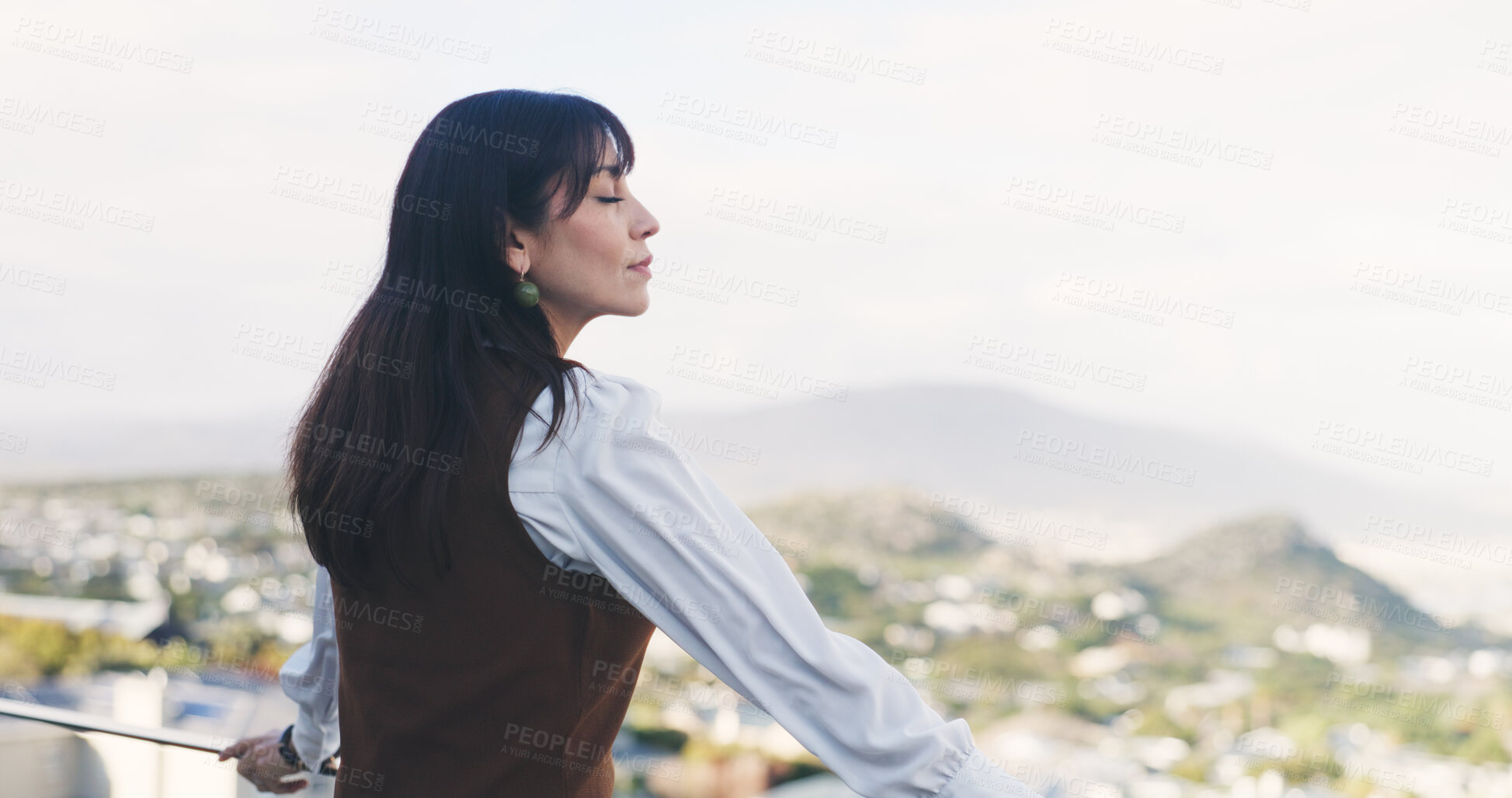 Buy stock photo Reflection, breathe or woman on balcony with view, thinking or fresh air in scenic environment. Calm, mindfulness or mature person on deck with inhale, nostalgia or daydream with outdoor solitude.