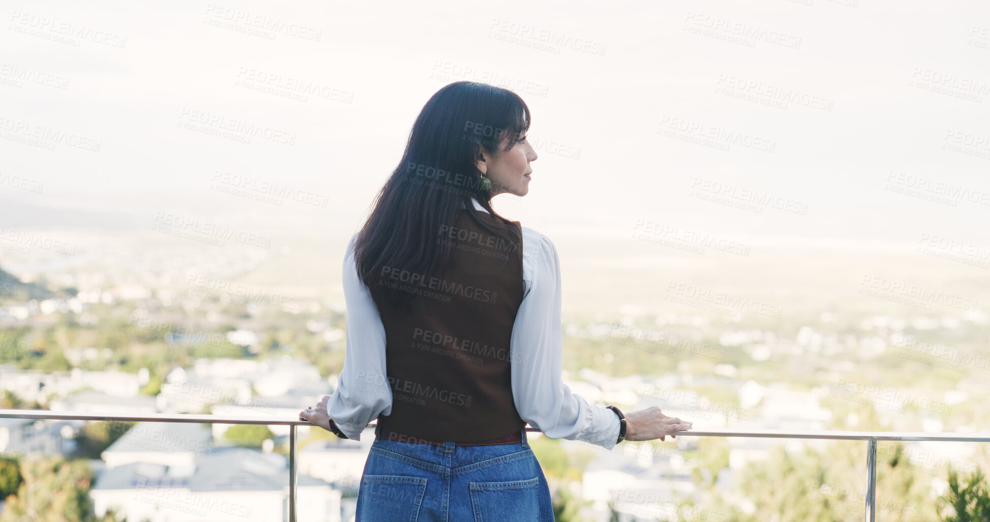 Buy stock photo Thinking, balcony and back of businesswoman at office with ideas for career development or growth in city. Solution, brainstorming and person on rooftop in urban town for plan on creative project.