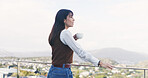 Woman, thinking and balcony with coffee for morning start, fresh air or view in neighborhood. Thoughtful, female person or drinking with cup, mug or caffeine beverage on terrace for vision on space
