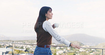 Buy stock photo Woman, thinking and balcony with coffee for morning start, fresh air or view in neighborhood. Thoughtful, female person or drinking with cup, mug or caffeine beverage on terrace for vision on space