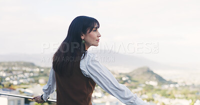 Buy stock photo Reflection, relax or woman on balcony with view, thinking or fresh air in scenic environment. Mockup space, mindfulness and mature person on deck with thoughts, nostalgia or daydream in outdoor break