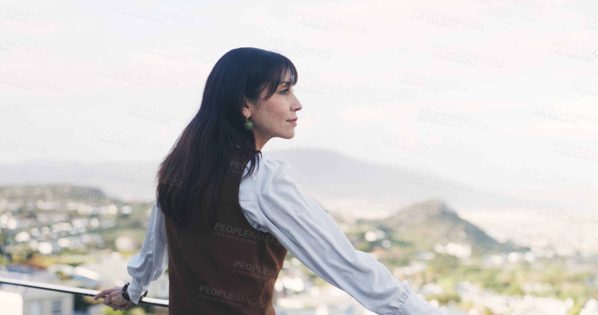 Buy stock photo Reflection, relax or woman on balcony with view, thinking or fresh air in scenic environment. Mockup space, mindfulness and mature person on deck with thoughts, nostalgia or daydream in outdoor break