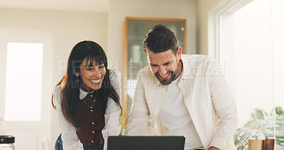 Buy stock photo Budget, excited and laptop with couple in home together for financial freedom or investment growth. Computer, finance and smile with happy people in apartment for accounting or stock market trading