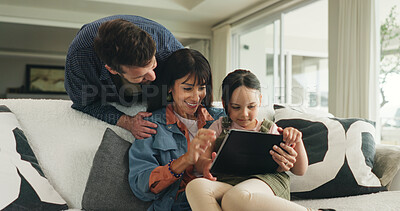 Buy stock photo Tablet, happy and parents with child on sofa in home for watching series, movie or video on app. Relax, digital technology and girl kid with mom and dad for streaming film online in living room.