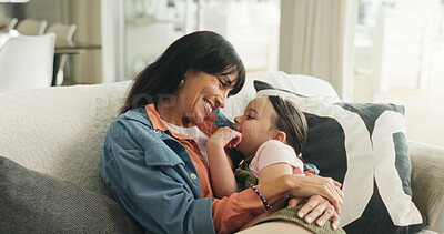 Buy stock photo Happy, hug and mother with child on sofa in home with love, support and care in living room. Smile, comfort and mom embracing kid for bonding together at house with connection, relax or family time.