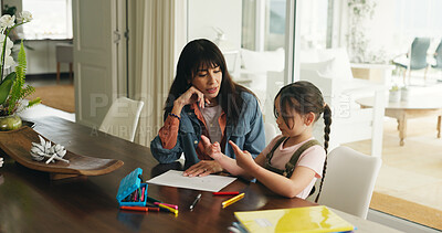 Buy stock photo Homework, counting and mother with child in home for maths lesson, learning and help with activity. Family, numeracy and mom with girl, books and education for studying and numbers on hands in house
