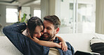 Happy, hug and dad with child on sofa in home with love, support and care in living room. Smile, comfort and kid embracing father for bonding together at house with connection, relax or family time.