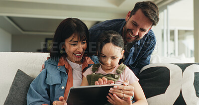 Buy stock photo Tablet, relax and parents with kid on sofa in home for playing educational video game on app. Happy, digital technology and girl child with mom and dad for watching movie in living room at house.