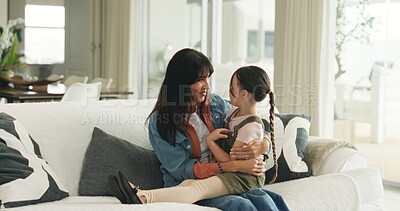 Buy stock photo Relax, support and mother with daughter on sofa of family home for bonding, hug and love. Connection, happiness and affection with woman and child in living room of apartment for trust and care