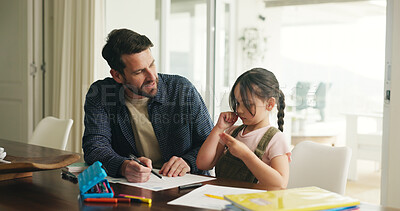 Buy stock photo Homework, counting and father with girl in home for maths lesson, learning and help with activity. Family, numeracy and dad with child, books and education for studying and numbers on hands in house
