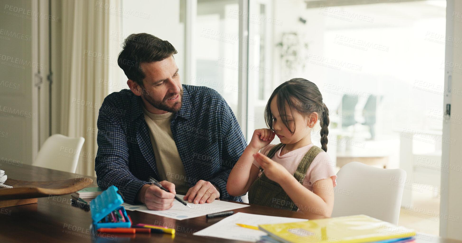 Buy stock photo Homework, counting and father with girl in home for maths lesson, learning and help with activity. Family, numeracy and dad with child, books and education for studying and numbers on hands in house